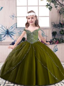 Charming Floor Length Lace Up Little Girls Pageant Dress Wholesale Olive Green for Party and Sweet 16 and Wedding Party with Beading