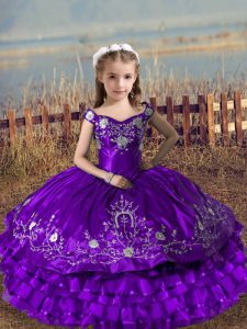 Purple Sleeveless Satin and Organza Lace Up Little Girls Pageant Dress Wholesale for Wedding Party