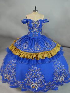 Custom Design Blue Sweet 16 Quinceanera Dress Sweet 16 and Quinceanera with Embroidery Off The Shoulder Sleeveless Lace Up