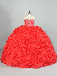 Fancy Red Ball Gowns Sweetheart Sleeveless Organza Brush Train Lace Up Beading and Ruffles 15 Quinceanera Dress