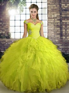 Tulle Off The Shoulder Sleeveless Lace Up Beading and Ruffles Sweet 16 Dress in Yellow Green