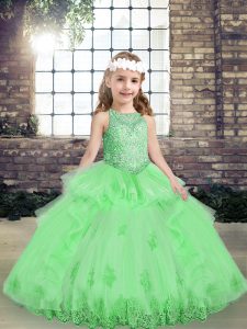 Lovely Yellow Green Ball Gowns Scoop Sleeveless Tulle Floor Length Lace Up Appliques Pageant Dress for Womens