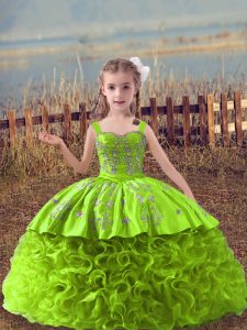 Beauteous Yellow Green Fabric With Rolling Flowers Lace Up Straps Sleeveless Kids Pageant Dress Sweep Train Embroidery