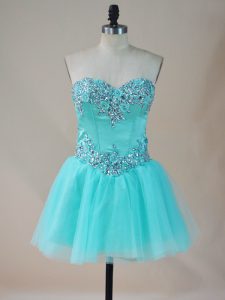Sleeveless Mini Length Beading Lace Up Prom Gown with Aqua Blue