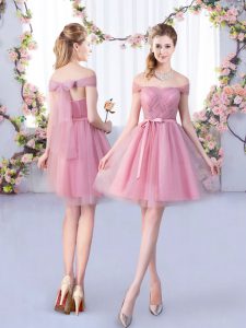 Sleeveless Tulle Mini Length Lace Up Bridesmaid Dress in Pink with Belt