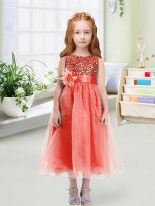 Tea Length Zipper Flower Girl Dresses for Less Watermelon Red for Wedding Party with Sequins and Hand Made Flower