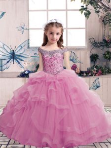 Scoop Sleeveless Pageant Dress Toddler Floor Length Beading Lilac Tulle