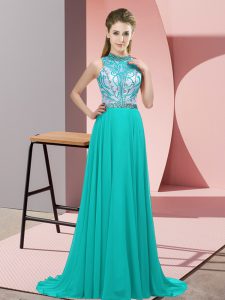 Colorful Turquoise Prom and Party with Beading Halter Top Sleeveless Brush Train Backless