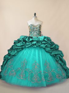 Romantic Sleeveless Beading and Pick Ups Lace Up Quinceanera Gowns with Turquoise Brush Train