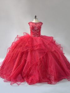 Attractive Scoop Sleeveless Organza 15 Quinceanera Dress Beading and Ruffles Brush Train Lace Up