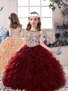 Attractive Burgundy Ball Gowns Scoop Sleeveless Organza Floor Length Lace Up Beading and Ruffles Little Girl Pageant Dress