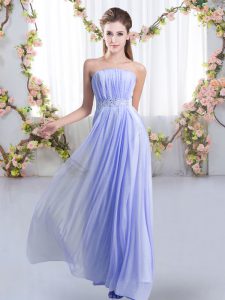 Admirable Empire Sleeveless Lavender Wedding Party Dress Sweep Train Lace Up