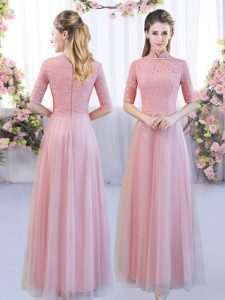 Pretty Floor Length Zipper Quinceanera Court Dresses Pink for Wedding Party with Lace