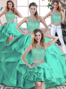 Sleeveless Floor Length Beading and Ruffles Zipper Ball Gown Prom Dress with Turquoise