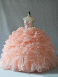 Enchanting Peach Vestidos de Quinceanera Sweet 16 and Quinceanera with Beading and Ruffles Strapless Sleeveless Lace Up