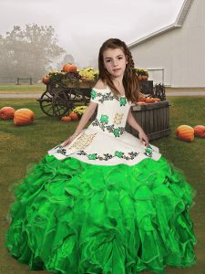 Customized Organza Straps Sleeveless Lace Up Embroidery and Ruffles Kids Formal Wear in Green