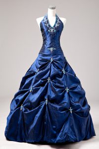 Perfect Halter Top Sleeveless Quinceanera Gown Floor Length Appliques and Pick Ups Royal Blue Taffeta