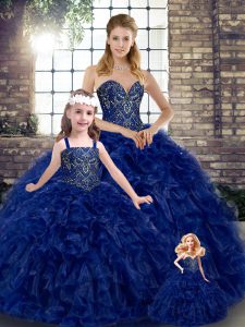 Royal Blue Organza Lace Up Sweetheart Sleeveless Floor Length Ball Gown Prom Dress Beading and Ruffles