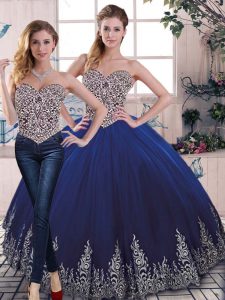 Glittering Tulle Sleeveless Floor Length 15th Birthday Dress and Beading and Embroidery