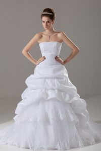 Comfortable Brush Train A-line Wedding Dress White Strapless Taffeta and Tulle Sleeveless Lace Up