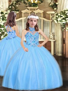 Exquisite Sleeveless Tulle Floor Length Lace Up Pageant Dress for Womens in Baby Blue with Appliques