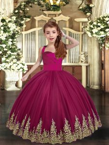 Burgundy Lace Up Straps Embroidery Pageant Dress for Teens Tulle Sleeveless