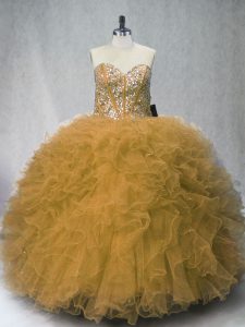 Beauteous Sleeveless Floor Length Beading and Ruffles Lace Up Quince Ball Gowns with Olive Green
