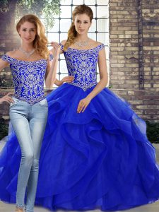 Lace Up Quinceanera Dresses Royal Blue for Military Ball and Sweet 16 and Quinceanera with Beading and Ruffles Brush Train