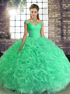 Delicate Turquoise Ball Gowns Off The Shoulder Sleeveless Fabric With Rolling Flowers Floor Length Lace Up Beading Quinceanera Dress