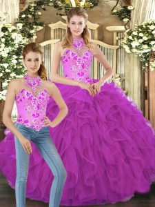 Artistic Fuchsia Lace Up Sweet 16 Dress Embroidery and Ruffles Sleeveless Floor Length
