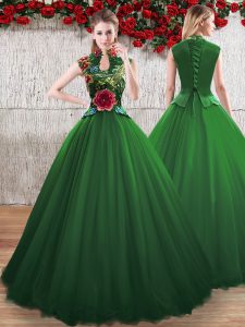 Chic Floor Length Lace Up 15th Birthday Dress Green for Sweet 16 and Quinceanera with Hand Made Flower
