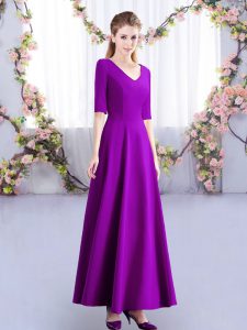 Discount Satin V-neck Half Sleeves Zipper Ruching Bridesmaid Dress in Eggplant Purple