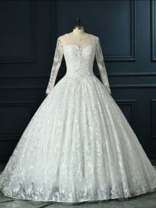 New Style Long Sleeves Brush Train Zipper Beading and Lace Wedding Dresses