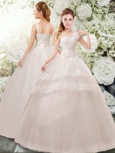 Tulle Straps Sleeveless Lace Up Beading and Lace and Hand Made Flower Wedding Dresses in White