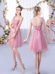 Pink Quinceanera Court of Honor Dress Wedding Party with Appliques and Belt One Shoulder Sleeveless Lace Up
