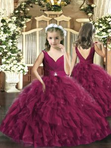 Burgundy Ball Gowns Sleeveless Tulle Floor Length Backless Beading and Ruffles Little Girl Pageant Dress