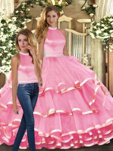 Pink Sleeveless Ruffled Layers Floor Length Quinceanera Gowns