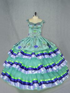 Nice Apple Green Quince Ball Gowns Sweet 16 and Quinceanera with Embroidery and Ruffled Layers Straps Sleeveless Lace Up