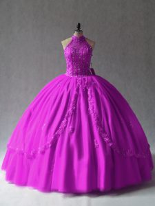 Tulle Halter Top Sleeveless Lace Up Appliques Quinceanera Gown in Fuchsia