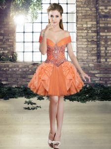 Low Price Orange Ball Gowns Off The Shoulder Sleeveless Tulle Mini Length Lace Up Beading and Ruffles Runway Inspired Dress