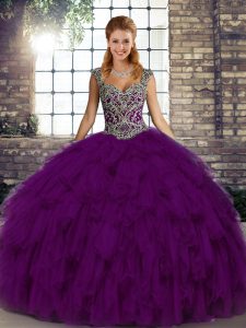 Superior Straps Sleeveless Quinceanera Gown Floor Length Beading and Ruffles Purple Organza