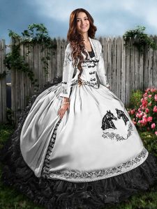 Luxury White And Black Sleeveless Floor Length Embroidery and Ruffles Lace Up 15th Birthday Dress