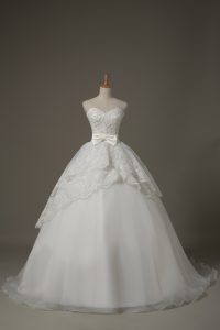 High Quality White Sweetheart Neckline Beading and Lace and Bowknot Wedding Dresses Sleeveless Lace Up