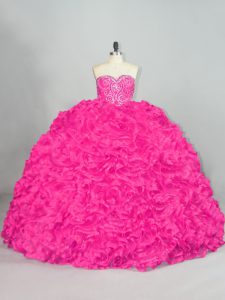 Dynamic Hot Pink Lace Up Sweetheart Beading and Ruffles Sweet 16 Dresses Organza Sleeveless Brush Train