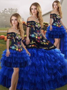 Blue And Black Ball Gowns Organza Off The Shoulder Sleeveless Embroidery and Ruffled Layers Floor Length Lace Up 15 Quinceanera Dress