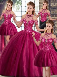 Custom Fit Tulle Halter Top Sleeveless Brush Train Lace Up Beading Ball Gown Prom Dress in Fuchsia
