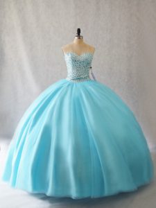 Aqua Blue Sweetheart Neckline Beading Ball Gown Prom Dress Sleeveless Lace Up