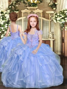 Attractive Straps Sleeveless Little Girl Pageant Gowns Floor Length Beading Blue Organza