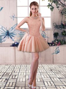 Peach Sleeveless Mini Length Beading Lace Up Prom Dress