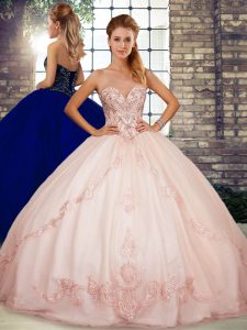 Pink Ball Gowns Beading and Embroidery Vestidos de Quinceanera Lace Up Tulle Sleeveless Floor Length